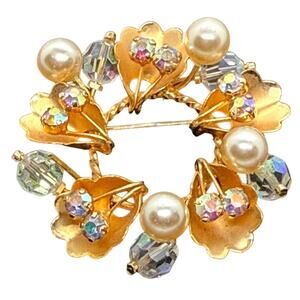 Vintage Gold Tone Wreath Brooch Faux Pearls Aurora Borealis Crystals